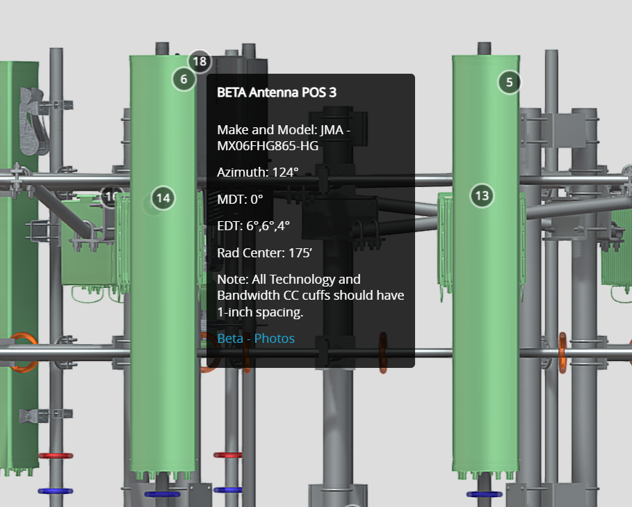 3D model close-up showing Beta Antenna POS 3 data popup with azimuth, MDT, EDT, rad center, and installation notes