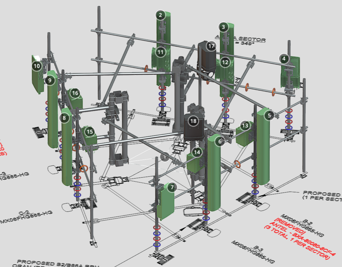 3D cell tower model with engineering annotations