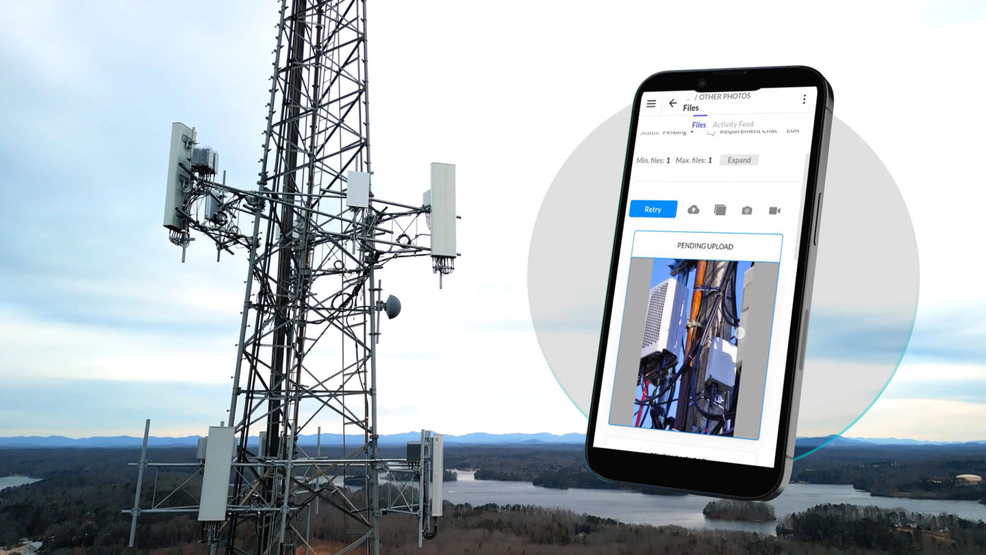 Cell tower with Swift Projects field app on mobile device