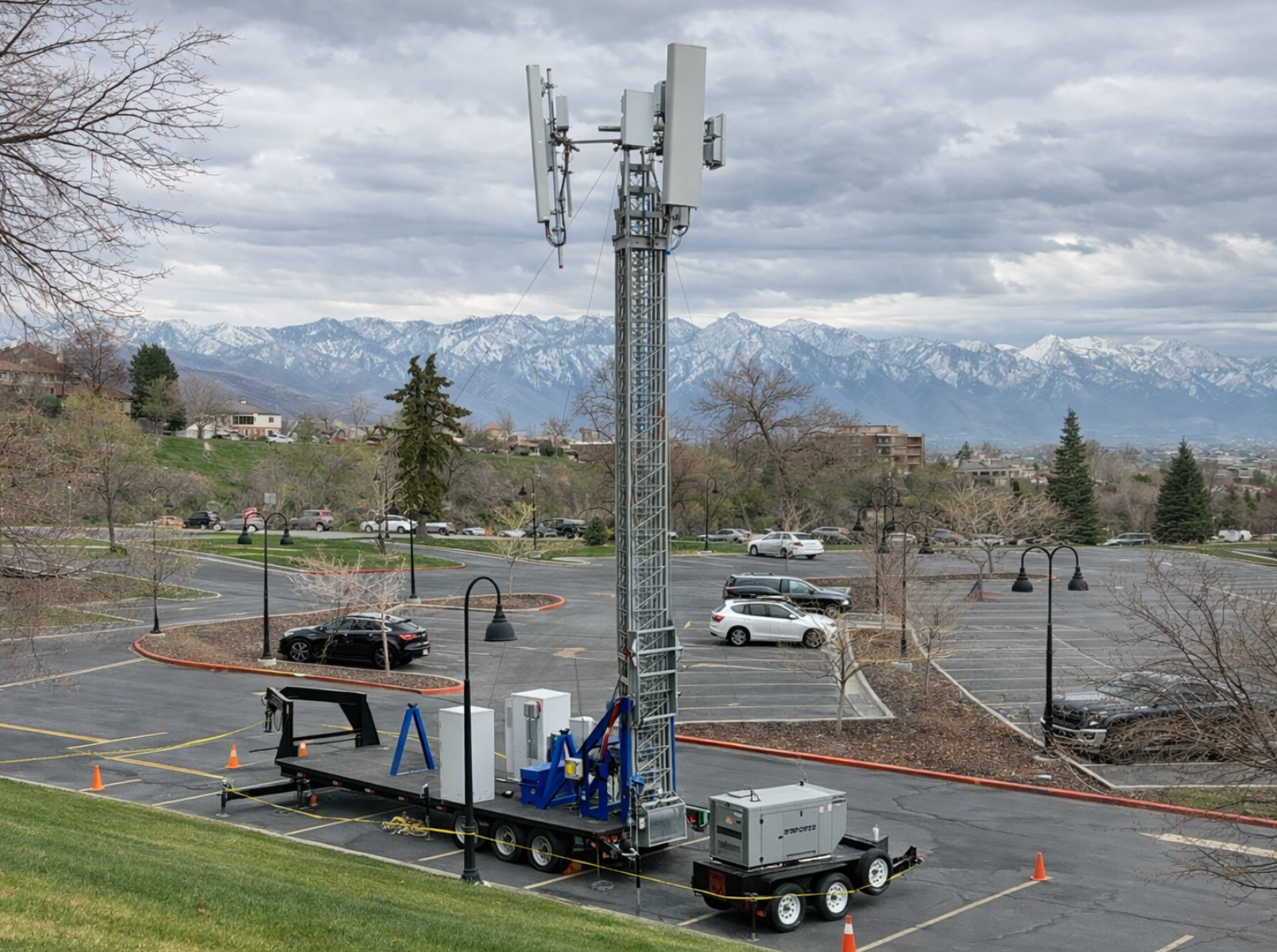 City skyline at dusk with network connectivity nodes overlaid - representing Ontel's capacity to fill coverage gaps for events and private networks