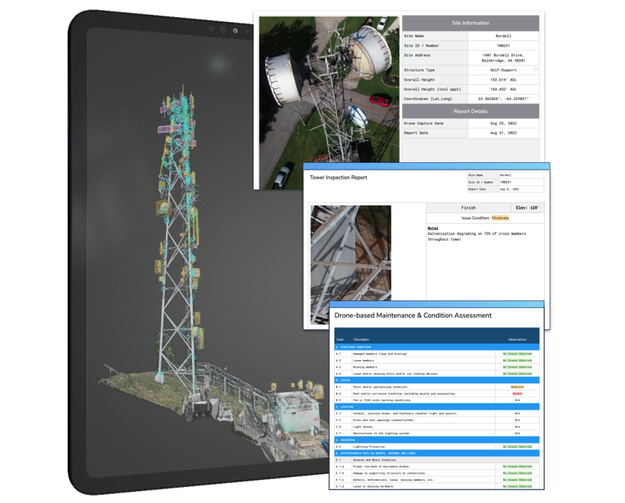 Tablet showing structural inspection 3D model with tower inspection report, deficiency classification, and drone-based maintenance assessment