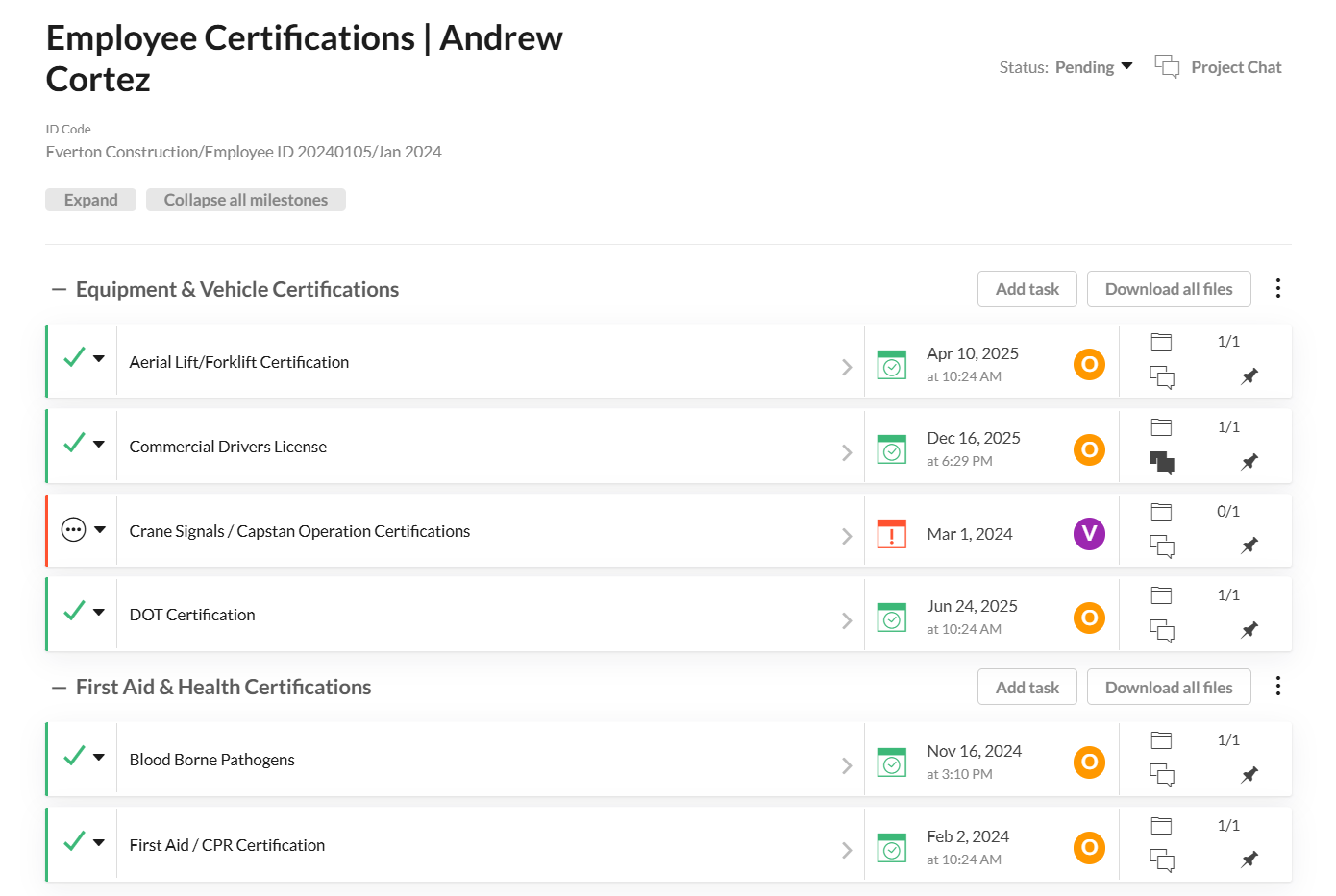 Quarterly Inspections - Equipment screen showing task checklist for full body harness and fall arrest lanyards with completion status