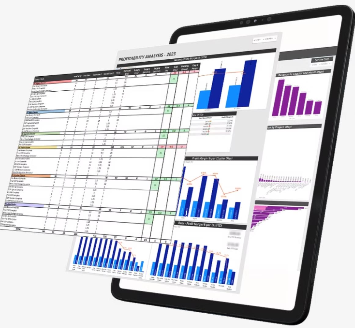 iPad tablet showing profitability analysis dashboard with revenue charts, profit margin by cluster, and financial spreadsheet