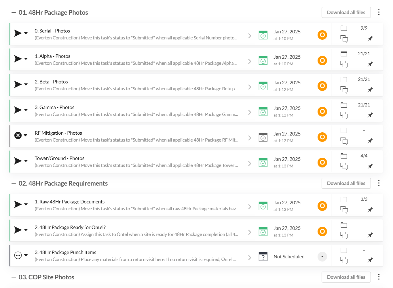 Laptop showing Swift Projects live review interface with Alpha C-Band AAT Tool photo submission, rejected and approved antenna alignment photos, and reviewer chat thread